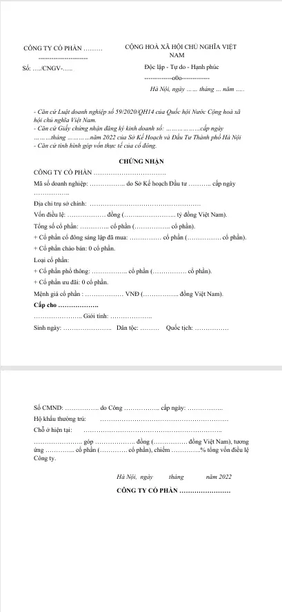 Mẫu Giấy Chứng Nhận Góp Vốn Công Ty Cổ Phần