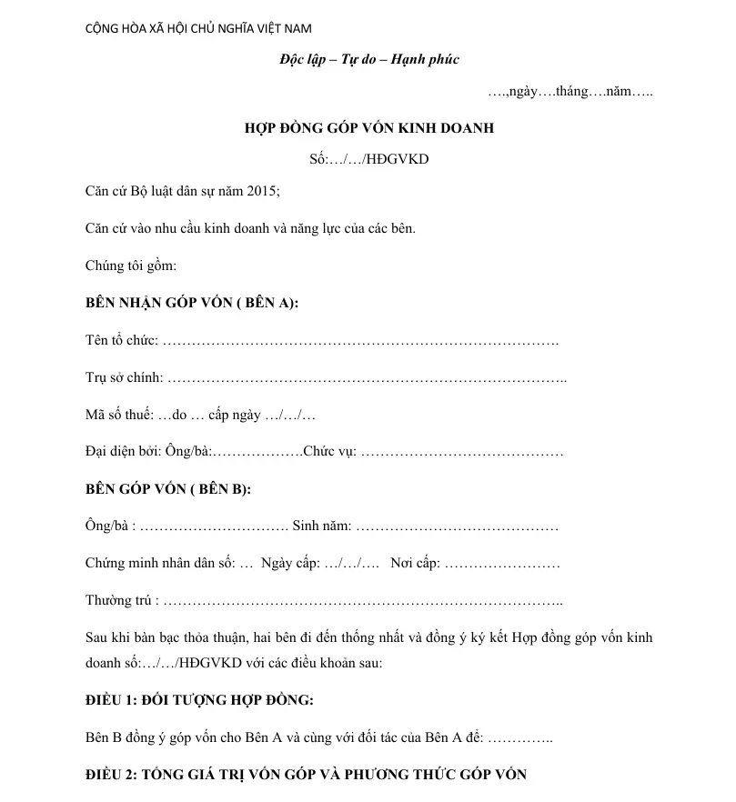 Mẫu Hợp Đồng Góp Vốn Kinh Doanh
