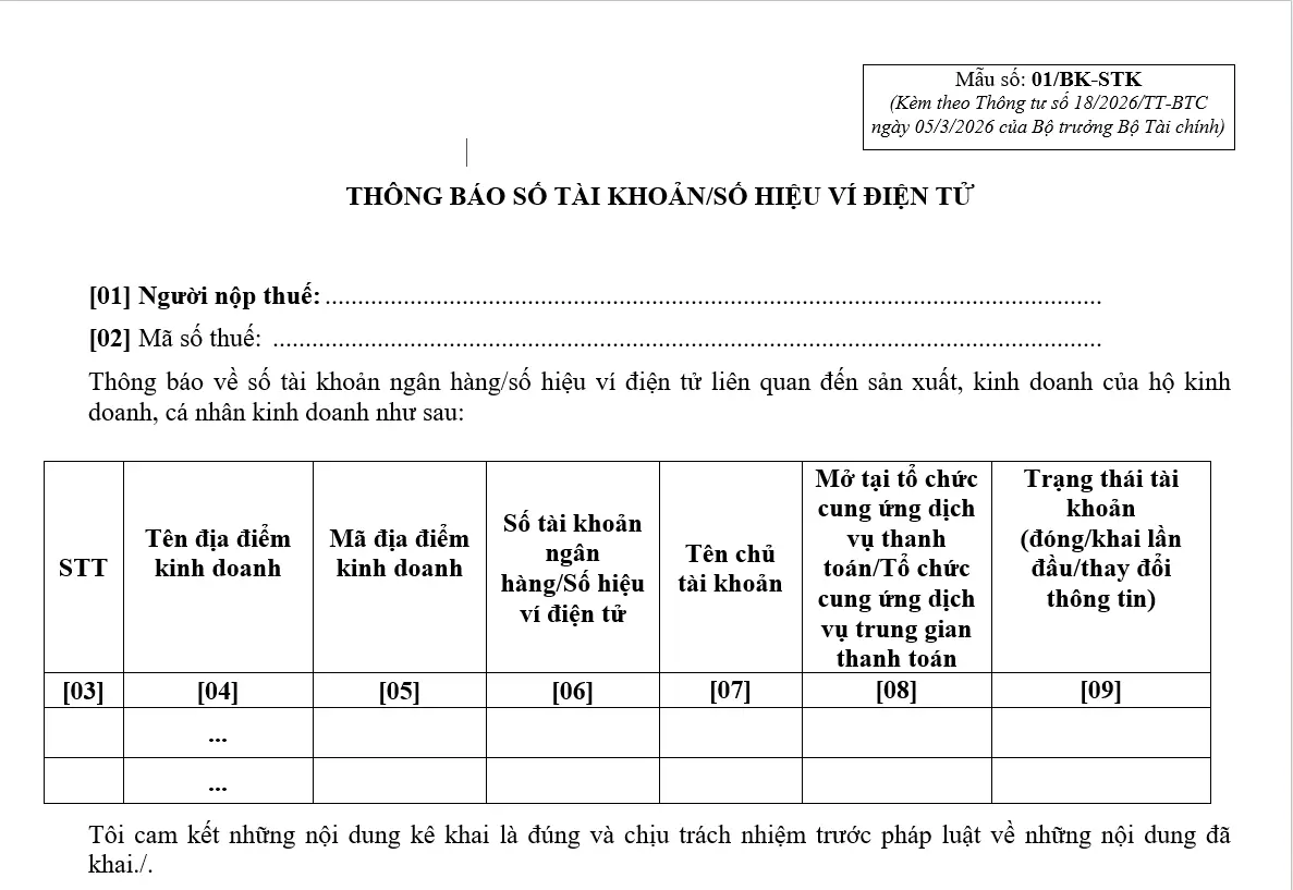 Bắt buộc thông báo số tài khoản ngân hàng của hộ kinh doanh